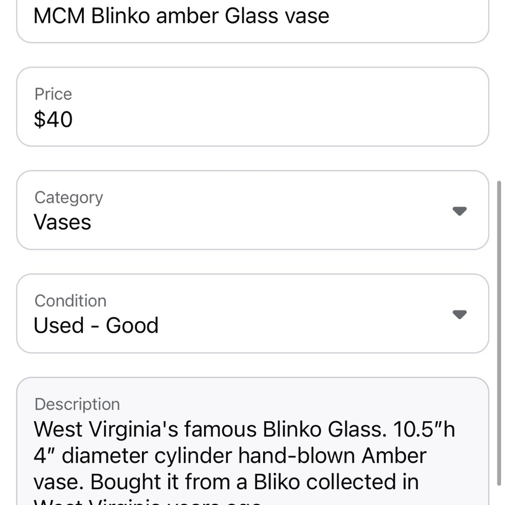 Blinko Glass. 10.5”h 4” diameter cylinder hand-blown Amber vase